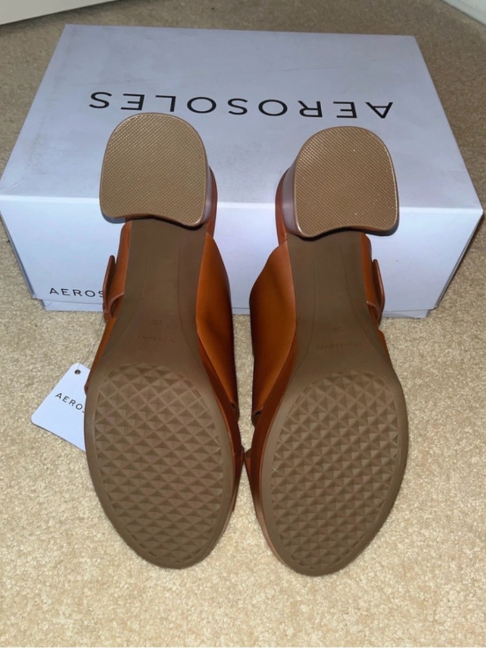AEROSOLES Cognac Leather Platform Slide Heels with Gold Buckle - Picture 5 of 5